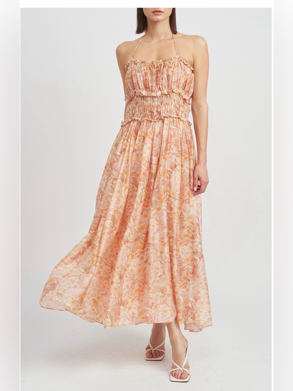 En Saison Strapless Floral Maxi Dress in Pink and Peach